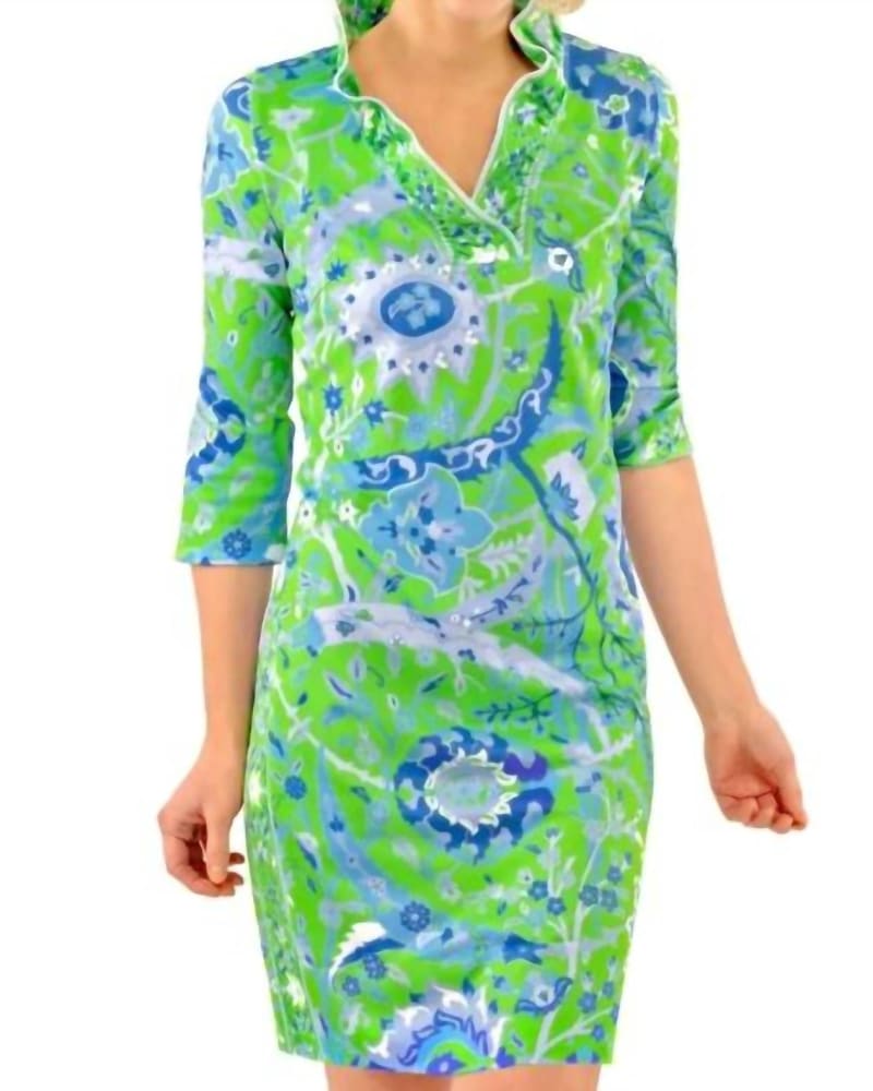 Front of a model wearing a size XL Ruffneck Dress - Magic Carpet In Green/Blue in Green/Blue by GRETCHEN SCOTT. | dia_product_style_image_id:343166